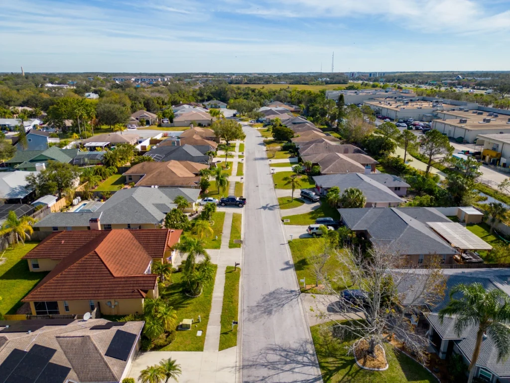 neighborhood in Central Florida with various roof types such as tile, asphalt and metal