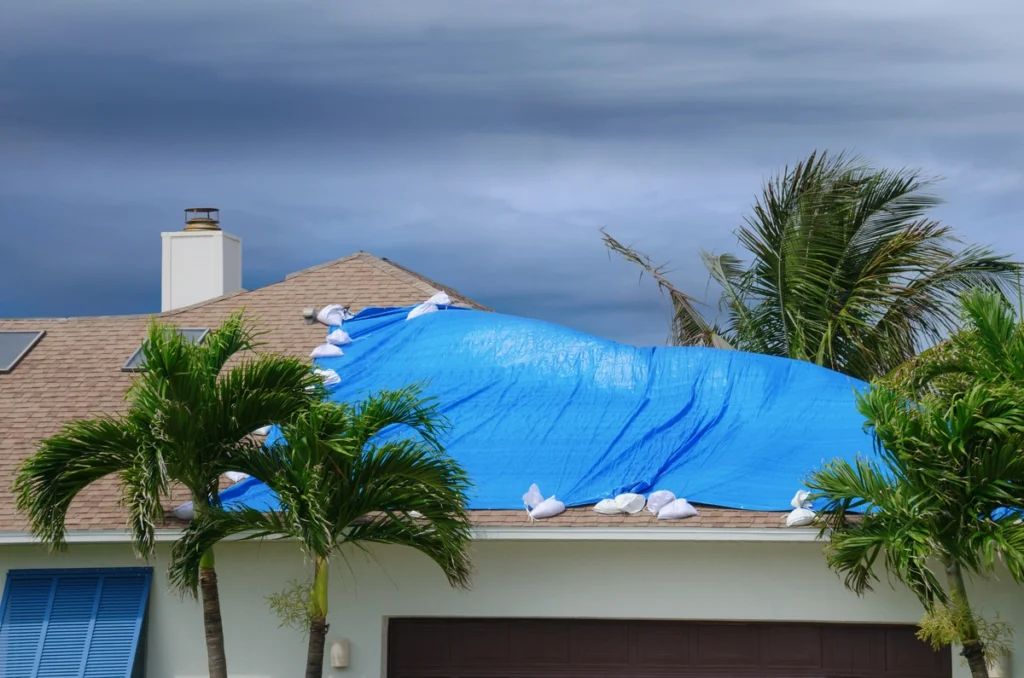 A house with a blue tarp covering part of its roof, held down by sandbags—likely for storm or hurricane damage protection—shows the need for reliable roofing in Citrus Park. Palm trees surround the house under a cloudy sky.